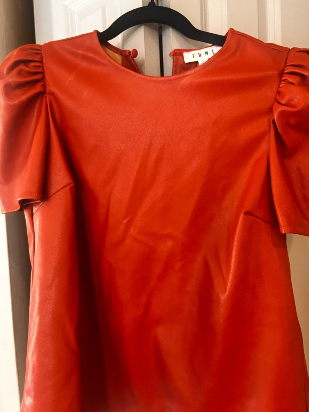THML Burnt orange Puff Sleeve Faux-Leather Top
